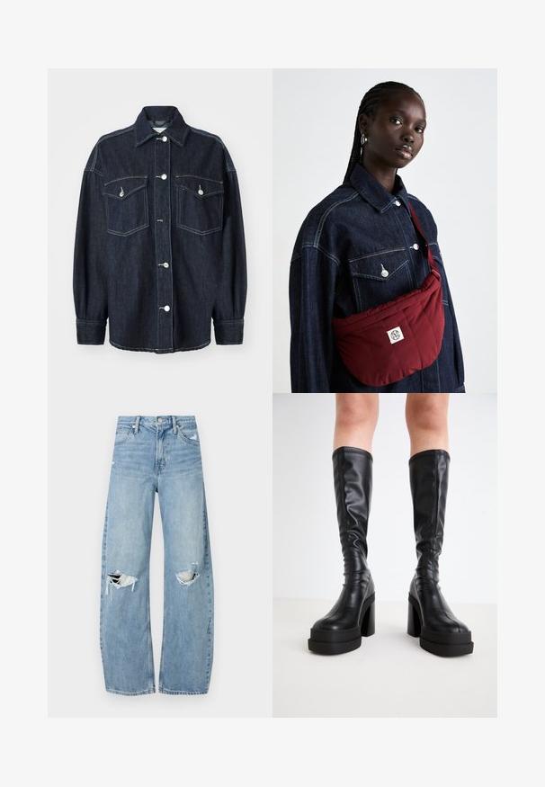Mørkeblå denimjakke med to brystlommer, sølvfargede knapper, spiss krage og lange ermer med smale mansjetter. Myk tekstur.; Hvit av-shoulder topp med volanger, samlet tekstur og elastisk midje. Laget av myk bomull.; Lyseblå høytlivsjeans laget av denim. Har vide bein, to revne knær og klassisk fem-lommers design.; Sorte knelengde støvler laget av glatt lær, med en tykk platå og blokkhelt, med sydd detaljer langs kantene.; Burgunderrød quiltet skulderveske med rektangulær form, med et logomerke, båret over en mørk denimjakke med to frontlommer.