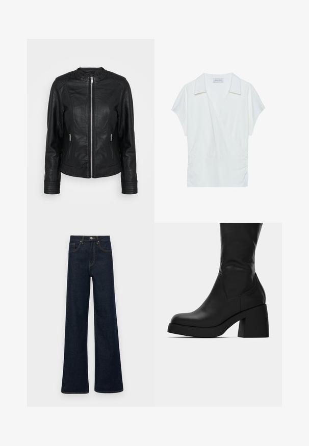 Zwarte leren jas met een ritssluiting aan de voorkant, twee voorzakken met ritsen, textuuraccenten op de schouders en geribbelde manchetten.; Witte kraag wikkelblouse gemaakt van soepel stof, met korte mouwen en geplooide details bij de taille voor een relaxte pasvorm.; Donkerblauwe wijde denim jeans met voorzakken, riemlussen en een knoopsluiting.; Zwarte leren laars tot halverwege de kuit met een dikke blokhak en een ronde neus, getoond in zijaanzicht op een witte achtergrond.