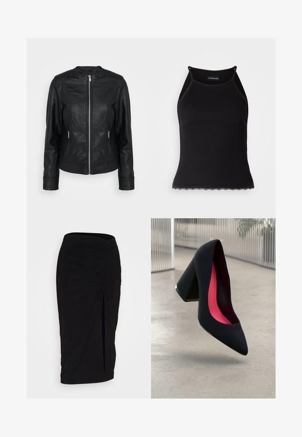 Schwarze Lederjacke mit Reißverschluss vorne, zwei vorderen Taschen mit Reißverschlüssen, strukturierten Schulterakzenten und gerippten Ärmelabschlüssen.; Schwarzes, geripptes Tanktop mit gewellten Spitzenabschluss am Saum. Mit dünnen Trägern und einer figurbetonten Passform. Hergestellt aus dehnbarem Material.; Schwarzer, geraffter Bleistiftrock mit Bindegürtel und seitlichem Schlitz. Hergestellt aus einem dehnbaren Stoff, mit glatter Textur und figurschmeichelndem Design.; Schwarzer High Heel Schuh mit spitzer Zehe, strukturiertem Obermaterial und lebhaftem pinken Innenraum. Verfügt über einen dicken Absatz mit silberner Akzentuierung.