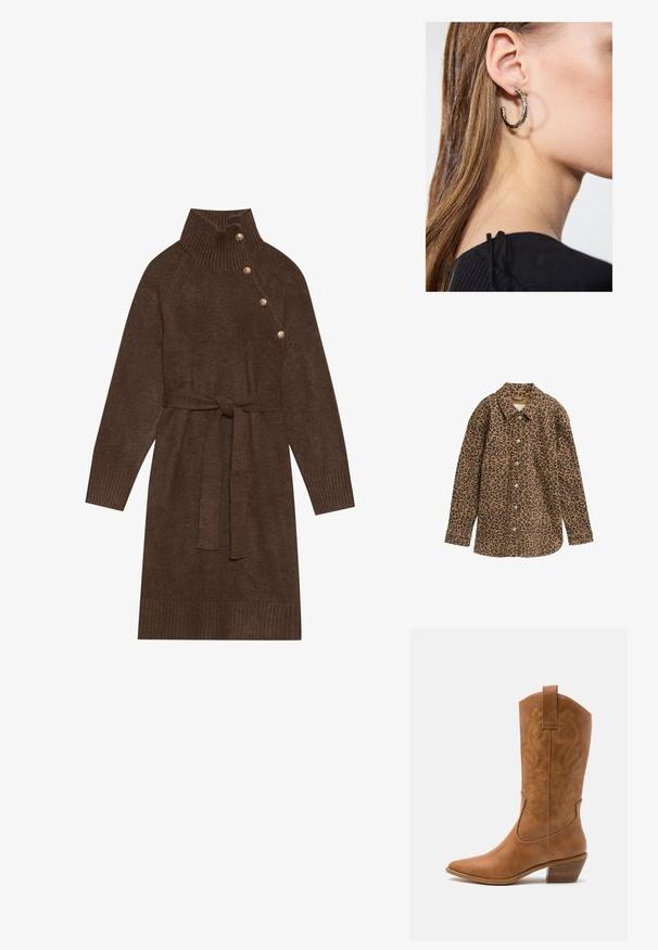 Leopardmönstrad skjorta, brun och svart, knappstängning fram, långärmad, två bröstfickor, klassisk krage, texturerad tyg.; Brun stickad klänning med hög ribbad krage, sidoknappar och ett matchande tygbälte. Ribbad manschetter och nederkant ger textur.; Bruna lädercowboystövlar med spetsig tå, broderade virvelmönster på skaftet och en staplad blockklack. Har en dragflik för enkel påtagning.; Silverörhänge med polerad yta, med små detaljer i guld och rund form, bärs på loben.
