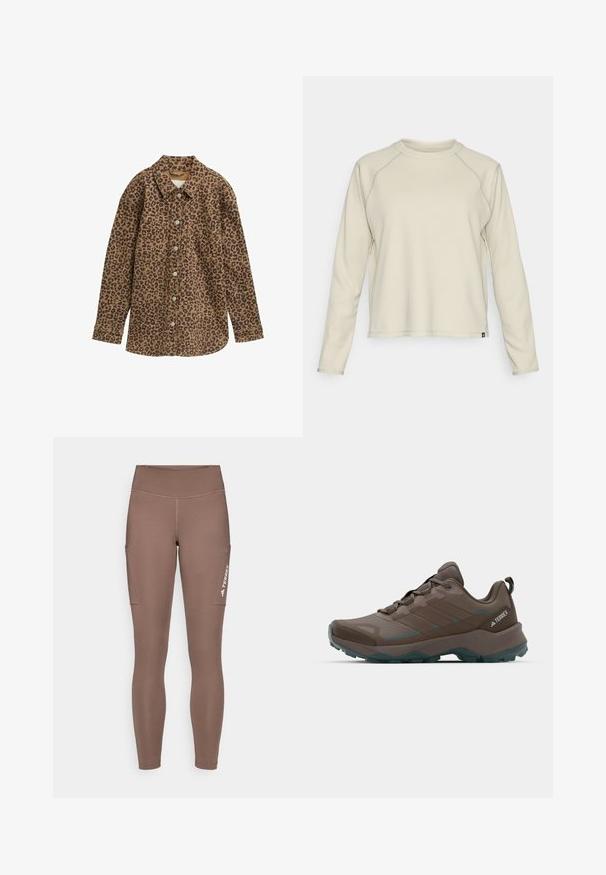 Leoparda raksta krekls, brūns un melns, pogājams priekšpuse, garas piedurknes, divas krūšu kabatas, klasiskā apkakle, teksturēta auduma.; Gaiņbēši garām piedurknēm krekls ar teksturētu, ribotu dizainu. Iespējami raglan piedurknes un apaļa kakla izgriezums. Diskreta zīmola logo apakšmalā.; Brūnas sporta legingi ar augstu jostasvietu, ar sānu kabatām un baltu logotipu. Gluda, elastīga auduma maksimālai ērtībai un kustību brīvībai.; Pelēki un zilgani pārgājienu apavi ar sietveida paneļiem, teksturētu virsu un izturīgu gumijas zoli. Iespējas ietver mīksto mēli un auklu aizdari.