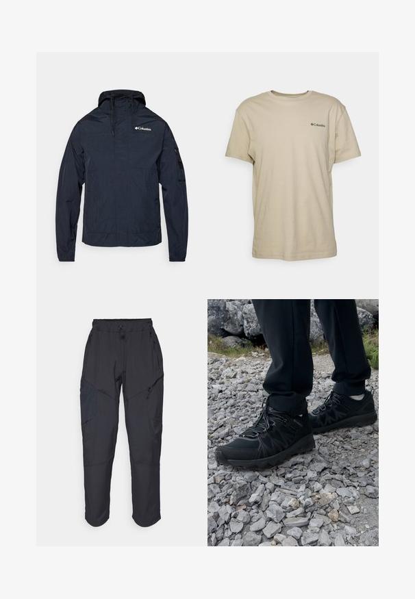 Marineblå letvægtsjakke, lavet af vandafvisende materiale, med hætte, frontlynlås og logo på venstre bryst. Har justerbare manchetter.; Beige bomulds t-shirt med korte ærmer, rund hals og et lille sort logo på venstre bryst. Glat tekstur, afslappet design.; Sorte cargo bukser lavet af et let, vandafvisende materiale; har elastisk talje, flere lynlåslommer og tætsiddende ben.; Sorte udendørssko med mesh og syntetisk materiale, med en tekstureret overdel, sikre snørebånd og en robust ydersål, på klippelandskab.