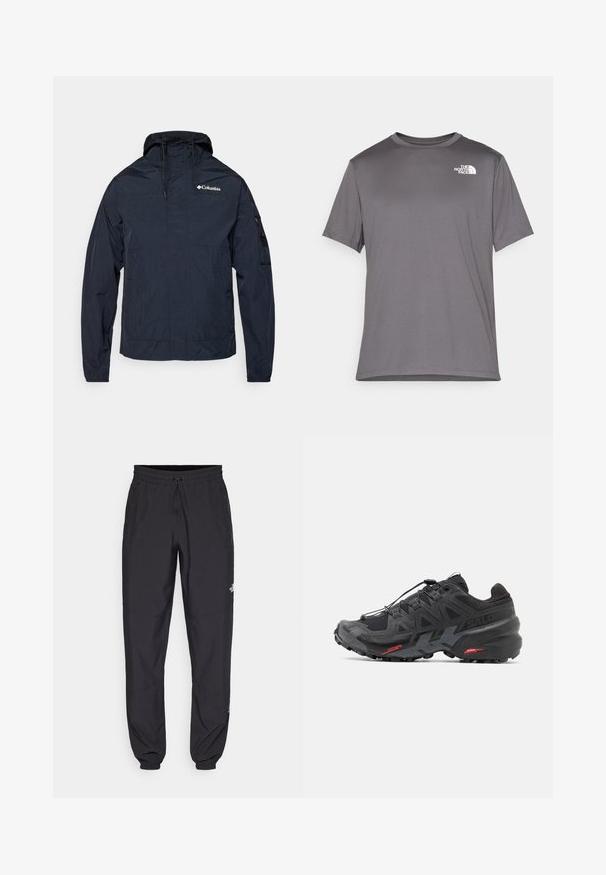 Jachetă ușoară de culoare albastru marin, fabricată din material rezistent la apă, cu glugă, fermoar frontal și logo pe pieptul stâng. Are manșete ajustabile.; Tricou sportiv gri cu maneci scurte, realizat dintr-un material neted și ușor. Dispune de un logo alb pe partea stângă a pieptului. Design cu guler rotund.; Pantaloni atletici negri, confecționați dintr-un material ușor, cu un tiv elastic la talie, buzunare laterale și tivuri ajustate la gleznă.; Pantofii de alergare negri, cu un superior sintetic, design texturat și accente roșii contrastante. Dispun de un sistem de șireturi securizat și o talpă robustă.