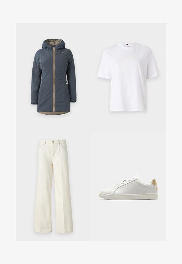 Navy blue insulated jacket with a hood, front zipper, and colorful striped accent. Features side pockets and a beige lining.; White cotton T-shirt with a crew neck, short sleeves, and subtle yellow logo design reading "HILFIGER NEW YORK 1985." Standard fit.; Wide-leg white jeans made from cotton blend fabric. Features a zipper fly, five-pocket design, and stitching along the seams.; White leather sneaker with a smooth texture, rounded toe, and thin laces. Features a gold logo accent and a speckled beige heel.