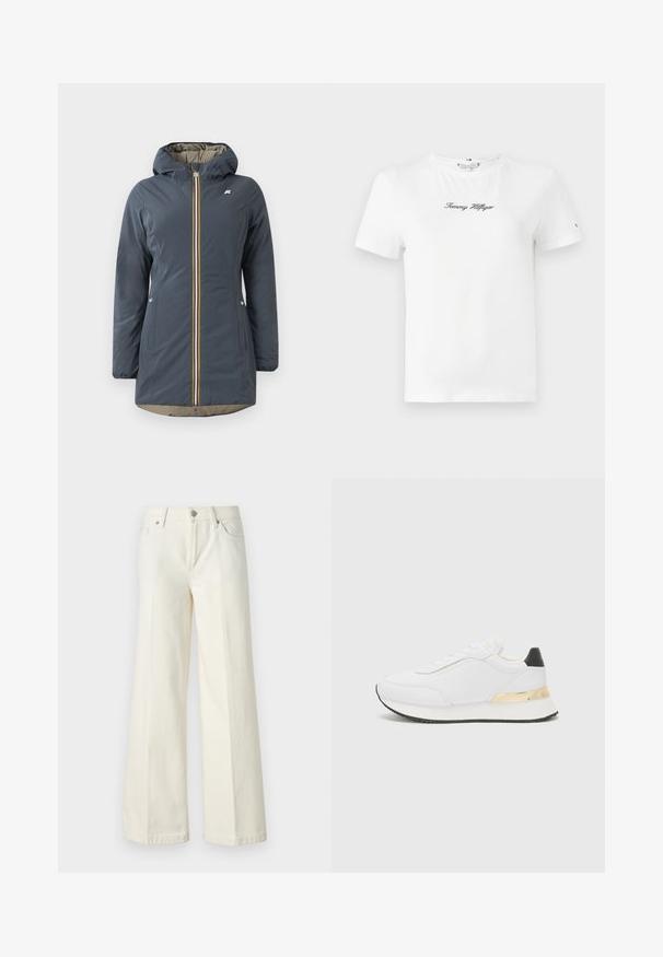 Mornaric azul jakna s podstavom i kapuljačom, sprijeda sa zatvaračem, s obojenim prugastim naglaskom. Ima bočne džepove i bež podstavu.; Bijela pamučna majica s kratkim rukavima i okruglim izrezom. Na sredini prsnog dijela nalazi se crni vezeni logo "Tommy Hilfiger".; Široke bijele traperice izrađene od mješavine pamuka. Imaju zatvarač, dizajn s pet džepova i šavove uz rubove.; Bijele tenisice s glatkom obradom, koje imaju crni akcent na peti i zlatni metalni detalj na srednjem dijelu. Dizajn sa vezicama, gumeni potplat.