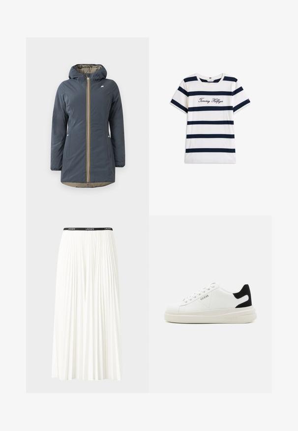 Tumš zilā izolētā jaka ar kapuci, priekšējo rāvējslēdzēju un krāsainu svītru akcentu. Iekļauj sānu kabatas un bēša odere.; Kokvilnas T-krekls ar horizontālām tumši zilām svītrām uz balta fona. "Tommy Hilfiger" izšūts skriptā uz krūšu daļas. Cauruma apkakle.; Gari plānas baltas svārku ar melnu elastīgu jostu, uz kuras redzams "LACOSTE" logo. Vidēja garuma dizains ar mīkstu tekstūru.; Baltas ādas sporta apavi ar biezu balto zoli, melna zamša uzpura un izspiestais logotips sānos. Šņorējuma dizains ar sešiem acu caurumiem.