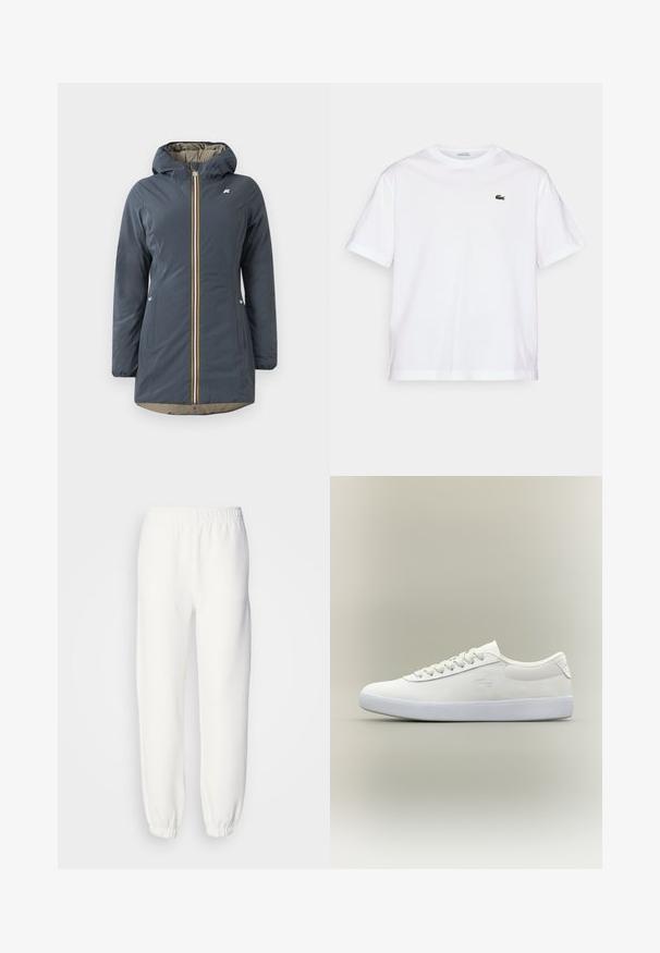 Navy blue insulated jacket with a hood, front zipper, and colorful striped accent. Features side pockets and a beige lining.; White cotton T-shirt with a round neckline and short sleeves. Features a green embroidered logo on the chest. Soft texture, relaxed fit.; White sweatpants made of soft, knitted fabric. Elastic waistband and cuffs provide a relaxed fit. Minimalist design, no visible patterns or accents.; Low-top white leather sneaker with white laces and textured white sole, displayed in profile against a plain neutral background.