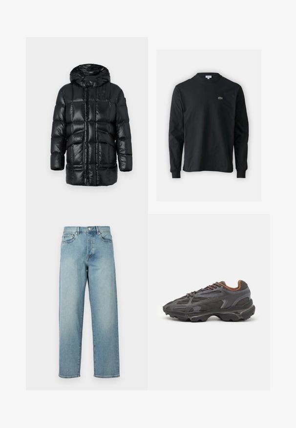Fekete puffdzseki fényes, steppelt felülettel, kapucnival, elülső gombokkal és két oldalsó zsebbel. Az anyagok könnyűnek és szigeteltnek tűnnek.; Fekete hosszú ujjú pamut póló, kerek nyakkivágással, bal mellen egy kis zöld hímzett krokodil logóval.; Világoskék farmernadrág laza szabással, egyenes lábakkal, öt zsebes dizájnnal és gombos derékkal. Minimalista varrási részletek.; Sötét szürke Lacoste sportcipők hálós és szintetikus anyagból, textúrázott talppal és barna díszítésekkel a nyak részen és a logón.