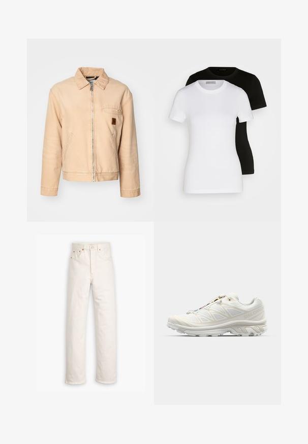 Bežová džínová bunda s predným zipsom, špicatým golierom, dvomi bočnými vreckami a malou logom nášivkou na hrudi. Pohodlný, voľný strih.; Dvoje tričiek s krátkym rukávom v čiernej a bielej farbe. Vyrobené z hladkej bavlny, s klasickým okrúhlym výstrihom a bežným strihom.; Biele džínsy z denimu so stright-leg strihom, päť-vreckovým štýlom a medenými kovovými doplnkami. Nerovný lem na členkoch.; Biele behacie tenisky s priedušnou sieťovinou, textúrovanými akcentmi a polstrovanou podrážkou. Obsahujú rýchloukutovací systém pre jednoduché obutie.