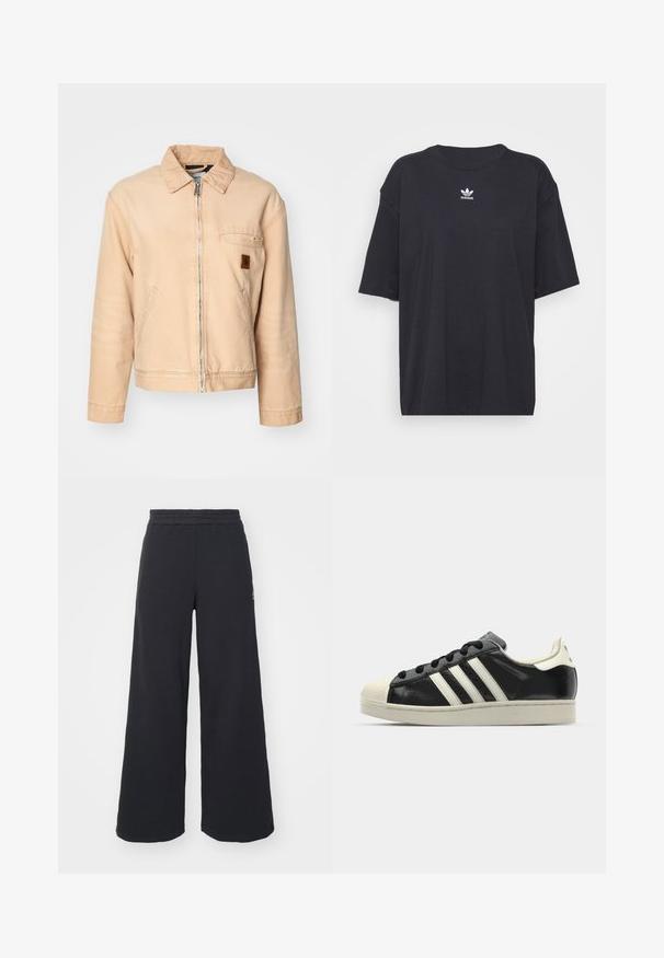 Beige denim jacket with a zip front, pointed collar, two side pockets, and a small logo patch on the chest. Casual, relaxed fit.; Black cotton t-shirt with short sleeves, round neckline, features a white Adidas logo on the chest. Simple design, relaxed fit.; Black wide-leg sweatpants made from soft fabric, featuring an elastic waistband and a small logo on the left side.; Black leather sneaker with white stripes, rubber toe cap, black laces, and a cream-colored outsole. Smooth texture with shiny finish.
