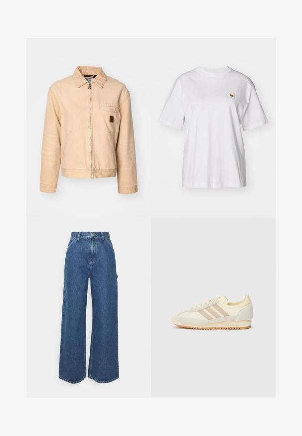 Beige denim jacket with a zip front, pointed collar, two side pockets, and a small logo patch on the chest. Casual, relaxed fit.; White cotton t-shirt with a relaxed fit, short sleeves, and a small embroidered logo on the left chest area.; Wide-leg blue denim trousers with a high waist, contrasting stitching, and side pockets, featuring a classic five-pocket design and raw hems.; Cream athletic sneaker featuring three beige stripes, suede and textile materials, a textured sole, and embossed branding on the heel.