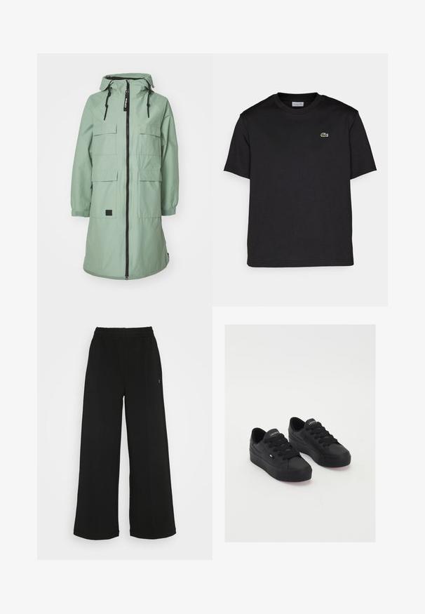 Muntgroene, lange parka met een rits aan de voorkant, verstelbare capuchon en vier voorketsen. Voorzien van elastische manchetten en een logopatch-detail.; Zwart katoenen t-shirt met een ronde halslijn, korte mouwen en een klein groen geborduurd logo op de linkerborst. Eenvoudig ontwerp.; Zwarte wijde broek met een elastische tailleband. Gemaakt van een zachte, lichte stof. Heeft verticale naden aan de voorkant.; Zwarte low-top sneakers van glad materiaal, met dikke veters, een gestructureerde zool en een klein logo aan de zijkant en op de tong.