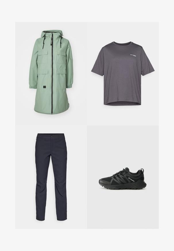 Miķeļzaļš, garš parka ar rāvējslēdzēja priekšu, regulējamu kapuci un četriem priekšējiem kabatām. Iespējojami elastīgi piedurknes un logo uzlīme.; Īsām piedurknēm pelēks T-krekls, izgatavots no gluda auduma. Ar apaļu kakla izgriezumu un nelielu logotipu, kas drukāts uz krūšu daļas.; Navy zila bikses, kas izgatavotas no gludas auduma, ar priekšējo pogu aizdari, pieguļošu siluetu un krokām pie ceļgaliem.; Columbia PEAKFREAK - Pārgājienu apavi - black