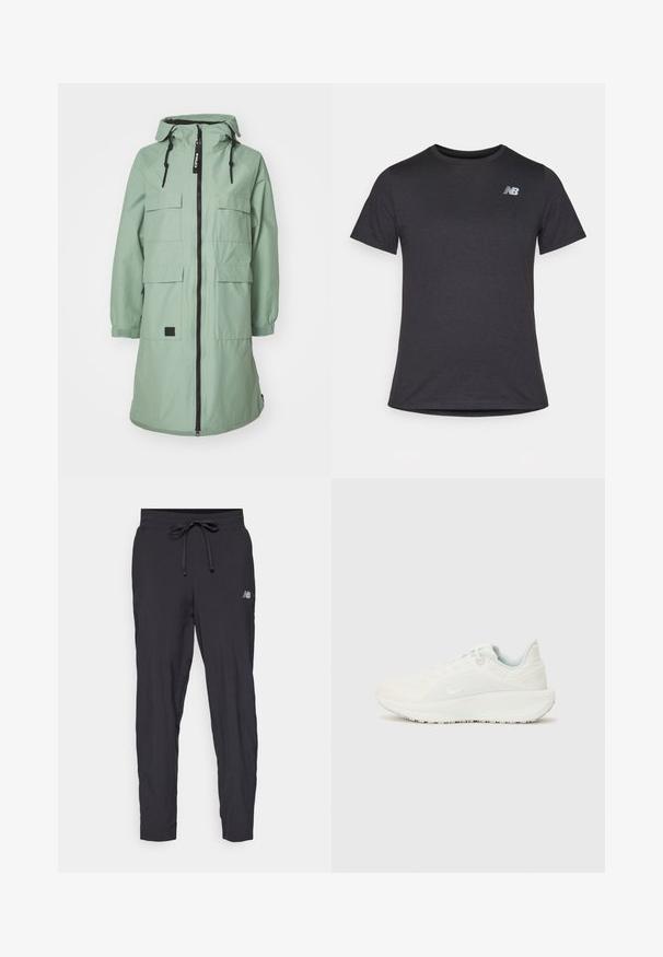 Myntegrønn, lang parka med glidelås foran, justerbar hette og fire frontlommer. Har elastiske mansjetter og detalj med logo.; Svart kortermet t-skjorte laget av myk stoff, med en liten grå New Balance-logo på øvre venstre bryst, klassisk rund hals design.; Svarte joggebukser laget av lett materiale med elastisk midje og justerbar snor. Har en liten logo på siden.; Hvite sportsko med teksturert overdel, polstret krage og snøring. Har en buet såle og subtil merkevare på siden.