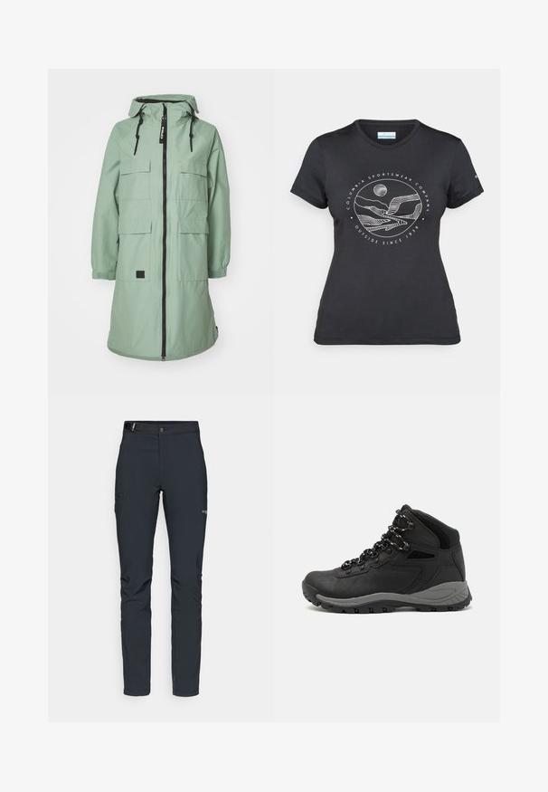 Myntegrønn, lang parka med glidelås foran, justerbar hette og fire frontlommer. Har elastiske mansjetter og detalj med logo.; Svart Columbia t-skjorte med hvit sirkulær fjell- og elvlinjekunst og tekst "Columbia Sportswear Company Outside Since 1938."; Herre utendørsbukser, mørkegrå, laget av fleksibelt materiale, med belte, glidelåslommer og forsterkede sømmer.; Sorte turstøvler med mid-topp design, som har en teksturert overdel, grå detaljer og slitesterk gummisåle med godt grep.