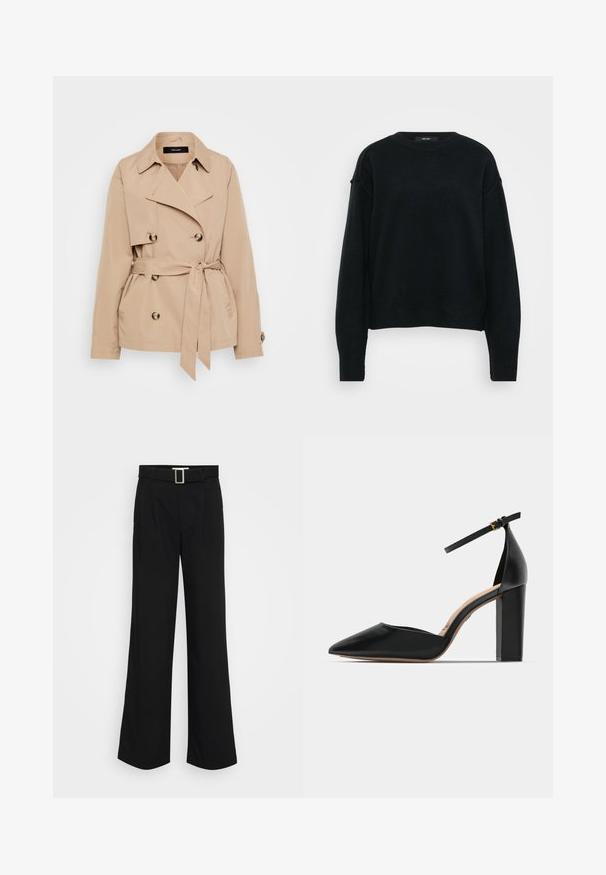 Trench coat beige in tessuto leggero, con design doppiopetto, bottoni dorati e cintura legata in vita.; Maglione nero lavorato a maglia con scollo rotondo, spalle abbassate e maniche lunghe. Presenta un tessuto testurizzato e una vestibilità cropped.; Pantaloni neri a gamba larga realizzati in tessuto leggero, caratterizzati da una texture liscia, pieghe frontali e una cintura con fibbia metallica quadrata.; Scarpa nera in pelle con tacco alto, cinturino alla caviglia, punta affilata e tacco quadrato e spesso. Texture liscia con un design minimalista.