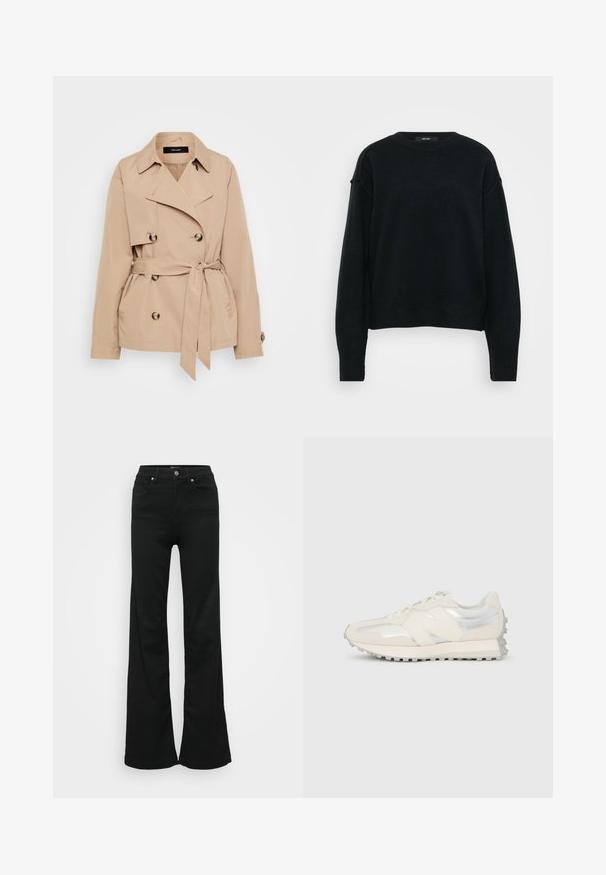 Casaco de trench bege em tecido leve, com design de duplo peito, botões em tom dourado e cinto amarrado na cintura.; Suéter de malha preta com decote redondo, ombros caídos e mangas longas. Apresenta um tecido texturizado e um corte cropped.; Jeans ajustados pretos em denim, com cintura alta, cinco bolsos e fecho de botão metálico. Textura suave com detalhes mínimos.; Ténis de perfil baixo creme e prateado com atacadores e sola texturizada, visto de lado contra um fundo branco simples.