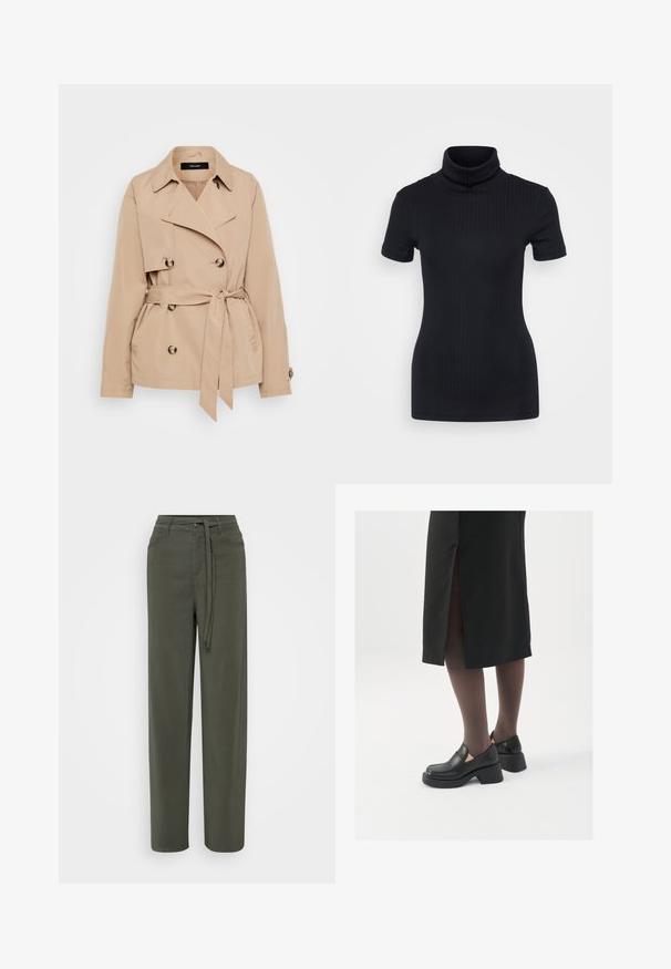Beige vihmamantel kerges kangas, topeltkinnituse disainiga, kuldsete nööpidega ja seotava vööga.; Mustmustriibuline kõrge kaelusega t-särk, lühikesed varrukad, keha ümber vormitud disain, pehme tekstuur, vähe õmblusi.; Roheline, laiade jalgadega püksid, mis on valmistatud kergest kangast, millel on vööga talje, ees olevad taskud ja sile tekstuur.; Mustad mustad jalatsid ümmarguse varbaga, paksu plokkniidi ja elastsete külgdetailidega, kombineeritud tumedate sukkade ja musta lõhikuga seelikuga.