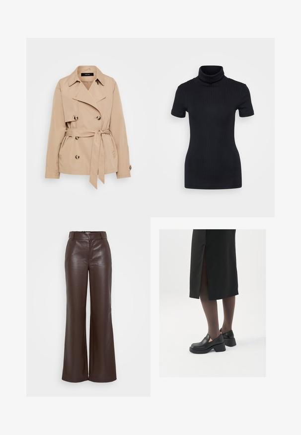 Beige trench coat in a lightweight fabric, featuring double-breasted design, gold-tone buttons, and a tied waist belt.; Black ribbed turtleneck top, short sleeves, form-fitting design, soft texture, minimal seams, and a high collar.; ONLY Tall ONLSMOOTH WIDE - Trousers - seal brown; Black leather shoes with a rounded toe, thick block heel, and elastic side accents, paired with dark tights and a black skirt with a slit.