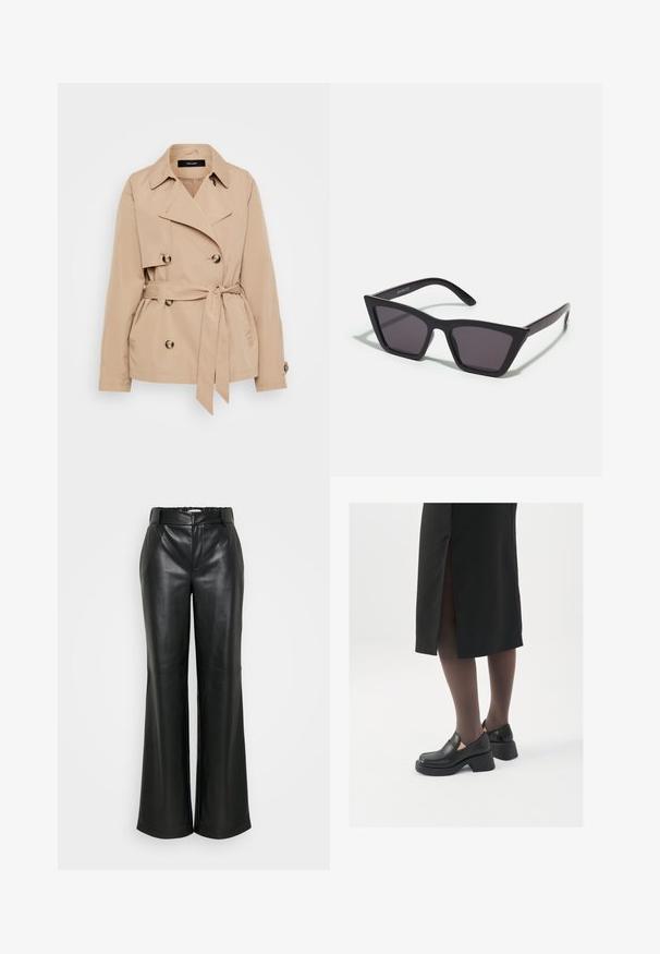 Beige trenchcoat i lett stoff, med dobbeltradet design, gullfargede knapper og belte i livet.; Svart ribbet høyhalset topp, kort ermer, tettsittende design, myk tekstur, minimale sømmer og høy krage.; ONLY Tall ONLSMOOTH WIDE - Bukse - black; Sorte lærersko med rund tå, tykk blokkheel og elastiske sideaksenter, sammen med mørke strømpebukser og et svart skjørt med splitt.; Svarte, kantete solbriller med grå linser; laget av plast, med tykke stenger som har en glatt overflate og ingen synlige festemidler.