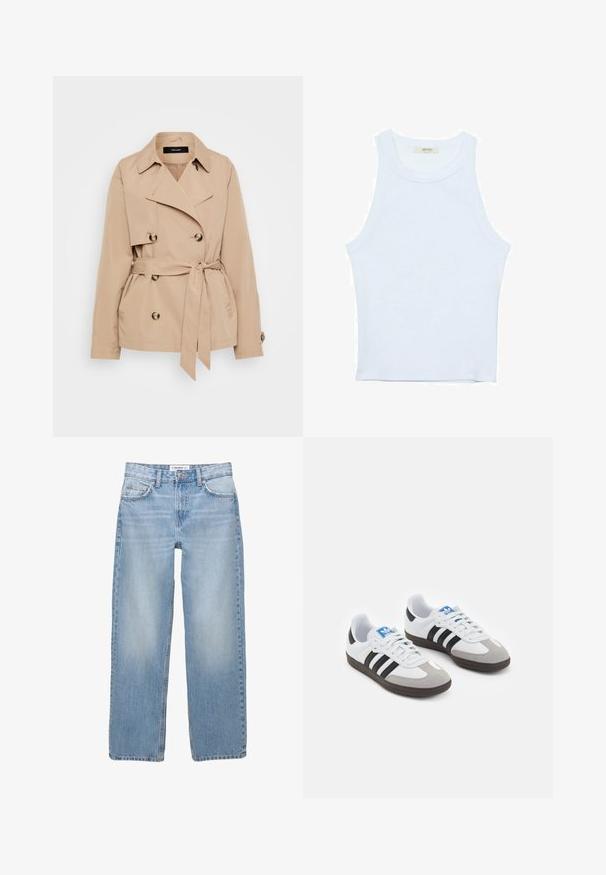 Béžový trench coat z ľahkej tkaniny, s dvojradovým zapínaním, zlatými gombíkmi a opaskom na viazanie v páse.; Biele tielko, rebrový textúra, okrúhly výstrih, bezrukávový dizajn, priliehavý strih, diskrétne logo na štítku vo vnútri oblasti goliera.; Svetlomodré džínsy s rovnými nohavicami, päť vrecovými detailmi a viditeľným šitím. Tkanina má mäkkú, jemne vyblednutú textúru.; Športové topánky s bielym koženým zvrškom, šedou semišovou špičkou a tromi čiernymi pruhmi. Obsahujú modré logo na jazyku a štruktúrovanú gumovú podrážku.