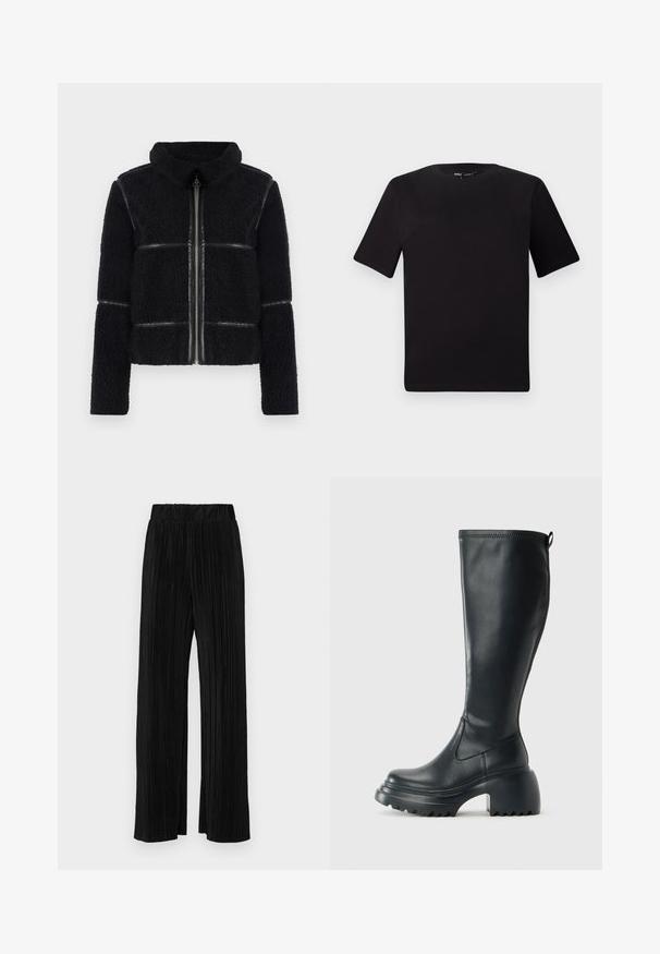 Fekete polárdzseki magas gallérral, elülső cipzárral és sima bőrkiegészítőkkel. Texturált felület és strukturált sziluett jellemzi.; Fekete, rövid ujjú póló, kerek nyakkal, puha pamutból készült. Egyszerű dizájn, nincs látható logó vagy minta.; Fekete pliszírozott nadrág gumis derekkal. Széles lábakkal rendelkezik, sima, texturált anyagból készült, függőleges csíkokkal.; Magas fekete bőrcipő, vastag platform talppal és blokk sarokkal, húzófüllel és texturált profillal az outsole-on.