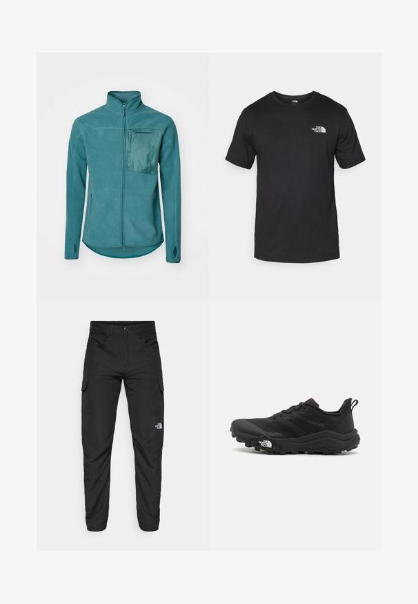 Peak Performance ZIP JACKET - Fleecejas - hydro fresh; Zwarte T-shirt met korte mouwen van katoen, voorzien van een ronde halslijn en een klein wit logo op de bovenste linkerkant van de borst.; The North Face HORIZON PANT - Outdoorbroeken - black; Zwarte trailrunning schoen met een gestructureerde bovenkant, rubberen zool en versterkte neus. Voorzien van een gevoerde kraag en een trekhaak voor eenvoudig aan- en uittrekken.