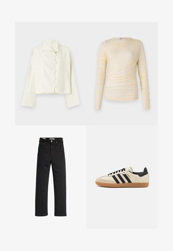 REMAIN SUITING JACKET - Light jacket - off white; Cream long-sleeve top, features ruched texture with a slightly fitted silhouette. Soft fabric with a round neckline and smooth seams.; Black denim jeans with a straight-leg fit, featuring a high waist, five-pocket design, metal button closure, and minimal stitching details.; Beige athletic shoe with black stripes, gum rubber outsole, and black accents. Features a smooth leather upper and a rounded toe design.