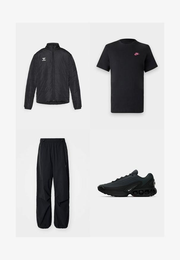 Fekete pufferszövet kabát magas nyakkal, teljes zipzárral, vízszintes varrással és nyomtatott logóval a bal mellrészen. Könnyű anyagból készült.; Fekete pamut póló kerek nyakkivágással és rövid ujjakkal. Bal felső oldalon rózsaszín Nike logóval. Sima textúra.; Fekete, könnyű munkásnadrág elasztikus derékrésszel, oldalsó cipzárokkal és tágas zsebekkel. Lazán illeszkedik, és szűkülő bokákkal rendelkezik.; Fekete sportcipő textúrált szövet felsőrésszel, ívelt kialakítással, hangsúlyos középtalppal és látható párnázó elemekkel rendelkezik. Fehér logó részlet jellemzi.