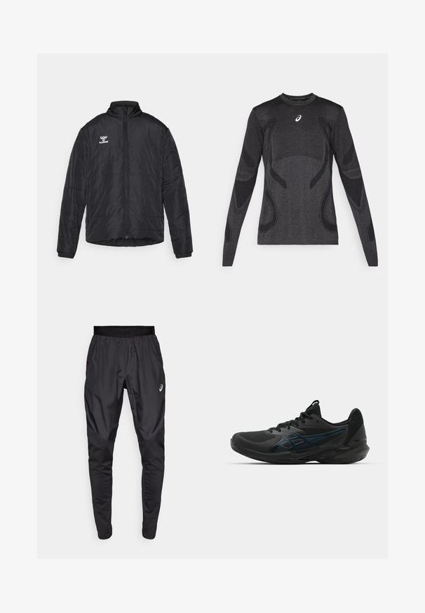 Casaco puffer preto com gola alta, fecho completo, costura horizontal e um logotipo impresso no lado esquerdo do peito. Feito de material leve.; Camisa desportiva de mangas longas em cinza escuro, com detalhes texturizados em cinza mais claro. Gola redonda com logótipo no peito.; Calças atléticas pretas com uma cintura elástica, bolsos laterais e painéis de textura contrastante nas pernas. Logo da Asics no quadril.; ASICS SOLUTION SPEED FF 3 CLAY - Sapatilhas para ténis em terra batida - black/prism blue