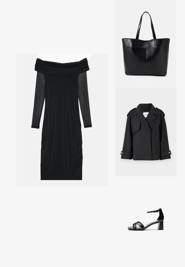 Dunkelgrauer Wollmischungsmantel mit strukturiertem Design, Schulterepauletten und geknöpften Bündchen. Verfügt über einen Reverskragen und Seitentaschen.; Schwarzes, schulterfreies Kleid mit langen, transparenten Mesh-Ärmeln, gerafften Seiten, glattem Stoff und figurbetontem Schnitt.; Schwarze offene Sandale mit Absatz, gekreuzten Riemen, verstellbarem Knöchelriemen und einem klobigen Absatz, ausgestattet mit einer glatten Ledertextur.; Schwarze Leder-Shopper-Tasche mit zwei langen Griffen, einer glatten Textur und einer strukturierten Form. Verfügt über eine Vordertasche für zusätzlichen Stauraum.