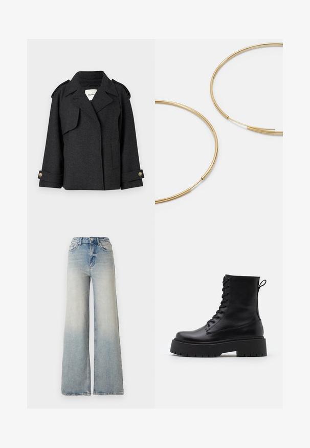 Tumehall villasegu mantel struktureeritud disainiga, õlavarre epauletid ja nööpidega mansetid. Sellel on joogainsed krae ja küljetaskud.; Kerge beeži värvi pikaaegne sviiter, millel on sooniline tekstuur, U-kaelus ja laienev alläär. Valmistatud pehmest, kudumisest kangast.; Heledad sinine laia säärega teksapüksid, mis on valmistatud denimist, kõrge vöökoht, viis taskut ja nähtav õmblemine õmbluste ääres.; Mustad mustad nahast pahkluu saapad ümarate varvastega, nööridega esiosas ja paksu kummist talla ning tekstuuritud mustriga. Tagumine tõmbeaas.; Kulla värvi nõelad, õhukesed ja ümmargused, millel on sile metallist pind ja ilma kaunistuste või mustriteta.