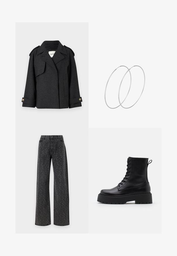 Dunkelgrauer Wollmischungsmantel mit strukturiertem Design, Schulterepauletten und geknöpften Bündchen. Verfügt über einen Reverskragen und Seitentaschen.; Hellbeige Pullover mit langen Ärmeln, gerippter Textur, Rundhalsausschnitt und ausgestelltem Saum. Hergestellt aus einem weichen, gestrickten Stoff.; Noisy May NMJANNEL LOOSE - Jeans Relaxed Fit - black denim; Schwarze Lederstiefeletten mit runder Zehenpartie, Schnürung vorne und einer dicken Gummisohle mit strukturiertem Profil. Mit Zugschlaufe an der Rückseite.; Silberne Creolen mit minimalistischem Design. Rundform, glatte Oberfläche und dünnes Profil. Leichtgewichtig mit hochglänzender Oberfläche.