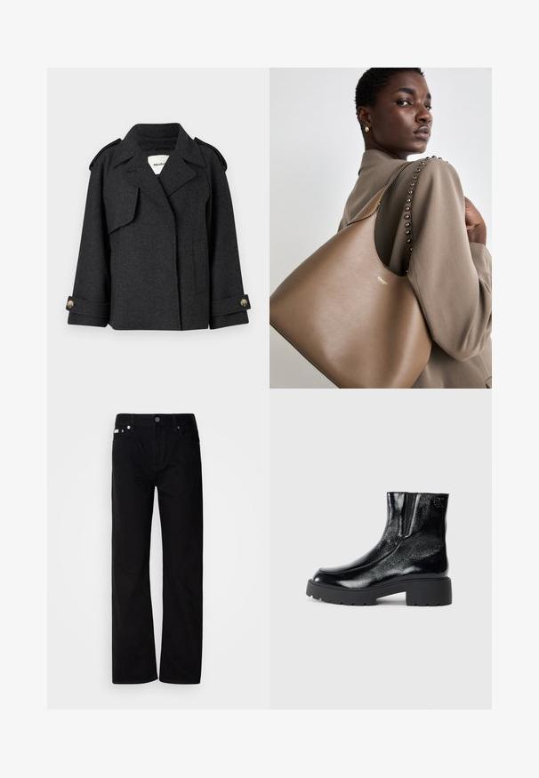 Tmavošedý kabát z vlnenej zmesi so štruktúrovaným dizajnom, ramennými epauletmi a zapínacími manžetami. Obsahuje klopu a detaily bočných vreciek.; Biely dlhý rukáv tričko vyrobené z rebrovanej látky, s okrúhlym výstrihom a priliehavým strihom. Neobsahuje vzory ani akcenty.; Čierne rovné džínsy s piatimi vreckami, striebornými nitmi a zapínaním na gombík. Tkanina má hladký, jemne textúrovaný povrch.; Čierne kotníkové topánky s lesklým patentným koženým povrchom, masívnou čiernou gumovou podrážkou a vyvýšeným podpätkom; na boku obsahujú jemný detail loga.; Hnedá kožená kabelka s hladkým povrchom, ktorá má zakrivený tvar a kovový logo. Popruh je zdobený dekoratívnymi nitmi po okraji.