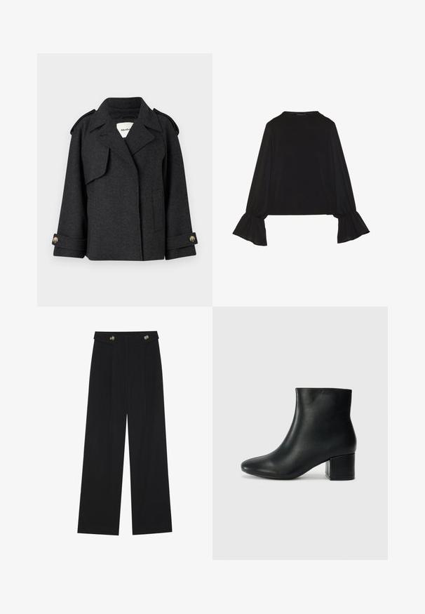 Σκούρο γκρι παλτό από μείγμα μαλλιού με δομημένο σχέδιο, επιγονατίδες στους ώμους και κουμπωμένα μανίκια. Έχει γιακά και λεπτομέρειες σε πλάγιες τσέπες.; Μαύρο μακρυμάνικο μπλουζάκι με φουσκωτούς βραχίονες, μαλακή υφή και άνετη γραμμή, με απλή στρογγυλή λαιμόκοψη.; Μαύρο παντελόνι φόρμας σε φαρδιά γραμμή με ψηλή μέση, κουμπιά στη μέση και πλαϊνές τσέπες.; Μαύρες δερμάτινες μπότες αστράγαλου με μυτερή μύτη και χοντρό τακούνι. Λείο υλικό με ελάχιστες λεπτομέρειες και κομψό, εφαρμοστό σχέδιο.
