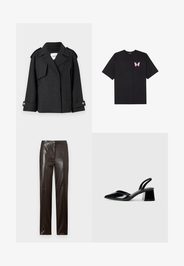 Donkergrijze wollen blend jas met een gestructureerd ontwerp, schouderepauletten en met knopen sluitende manchetten. Voorzien van een reverskraag en details van zijzakken.; Zwarte katoenen t-shirt met korte mouwen, voorzien van een kleine roze vlinder graphic op de linkerkant van de borst. Crew neck ontwerp met een relaxte fit.; Donkerbruine leren broek met rechte pijpen, een gladde afwerking en subtiele naden langs de voorkant.; Zwarte gepatineerde leren slingback hakken met een spitse neus en een geometrische blokhak. Kenmerkt zich door een slank, minimalistisch ontwerp en een gladde textuur.