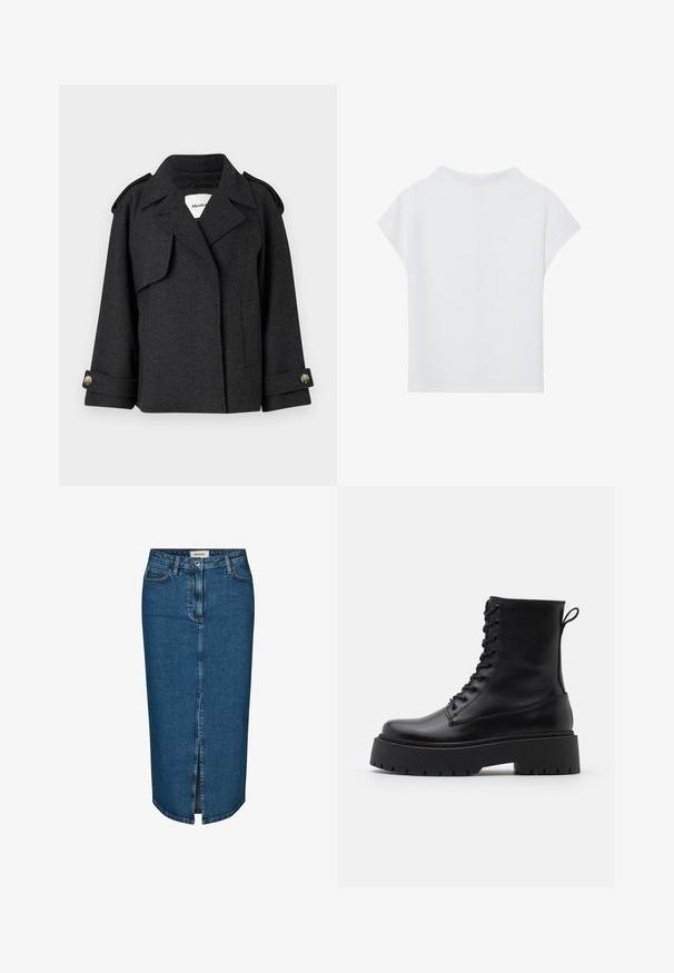 Tumši pelēks vilnas maisījuma mētelis ar strukturētu dizainu, plecu apmali un pogātām aprocēm. Iekļauts atlokāms apkakles un sānu kabatu detaļas.; Balts īsām piedurknēm topiņš ar brīvu piegriezumu, vieglu tekstūru un apaļu apkakli. Aizmugurējā skata attēls rāda vienkāršu, gludu dizainu.; Tumši zila denima zīda svārki ar priekšējo izgriezumu, piecām kabatām un kontrastējošām šuvēm. Vidēja augstuma jostasvieta ar klasisku dizainu.; Melni ādas potītēm zābaki ar apļveida purngalu, auklām priekšpusē un biezu gumijas zoli ar teksturētu protektoru. Velkšanas cilpa aizmugurē.