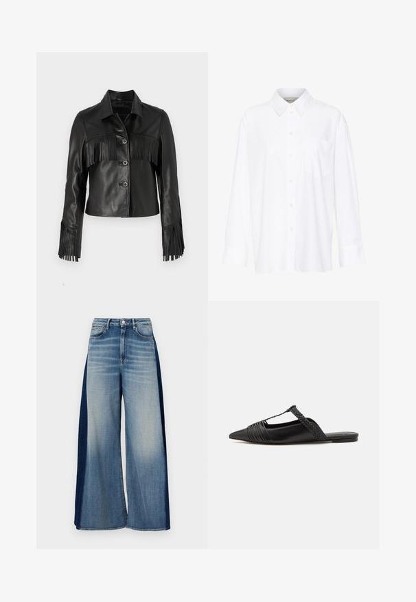 Black leather jacket featuring fringe details on the chest and sleeves, with a classic collar and five button closures.; White long-sleeve collared shirt made of cotton. Features a button-down front and a single chest pocket. Smooth texture, relaxed fit.; Wide-leg denim jeans featuring a two-tone design, light blue front and dark blue side panels, with a classic waistband and a button closure.; Black leather slingback shoe with a pointed toe, featuring a woven accent and pleated upper design. Flat sole with minimal hardware.