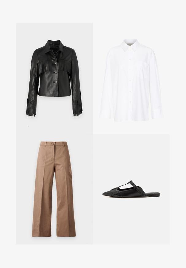 Fekete bőr dzseki, frázs részletekkel a mellkasán és a sleveken, klasszikus gallérral és öt gombos záródással.; Fehér, hosszú ujjú, galléros ing, amely pamutból készült. Gombos elülső része és egyetlen mellzsebe van. Simított textúra, laza szabás.; Barna, bőszárú nadrág sima anyagból, elülső gombos zárással, két elülső zsebbel és tiszta, szabott vonalakkal.; Fekete bőr slingback cipő hegyes orral, szőtt díszítéssel és redőzött felső dizájnnal. Lapos talp minimális hardverrel.