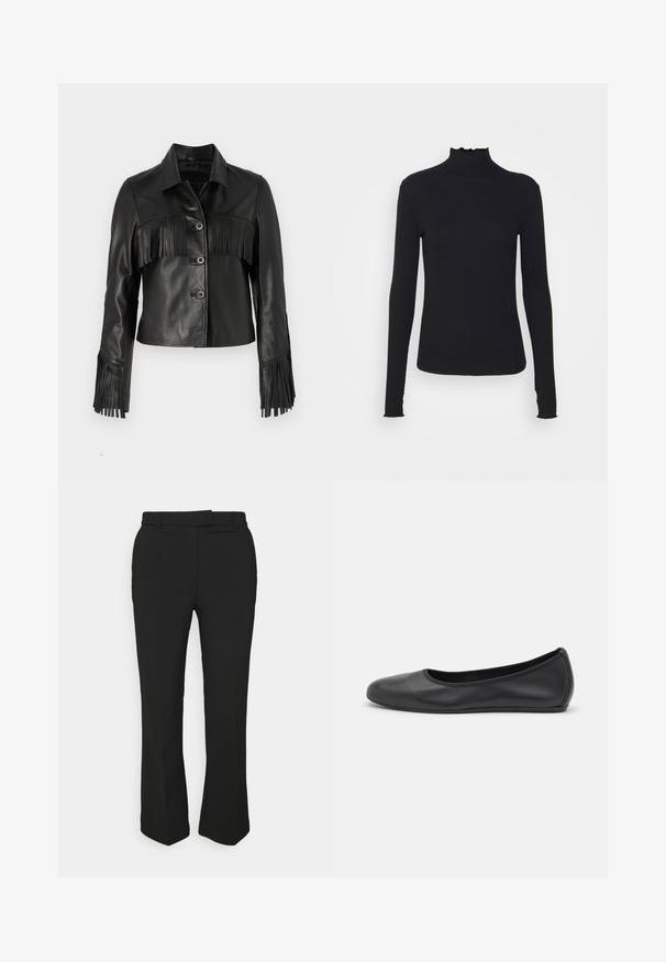 Μαύρο δερμάτινο μπουφάν με λεπτομέρειες φρέντζας στο στήθος και τα μανίκια, κλασικό γιακά και πέντε κουμπιά.; Μαύρο τοπ με μακριά μανίκια και λαιμόκοψη τύπου τσουνάμι, κατασκευασμένο από λείο ύφασμα, με λαιμό από βολάν και εφαρμοστή σιλουέτα με απλές ακμές.; Μαύρο τακτοποιημένο παντελόνι με ευθεία γραμμή, που διαθέτει θηλάκια ζώνης και πλαϊνές τσέπες. Κατασκευασμένο από λείο ύφασμα με καθαρή φινίρισμα.; Μαύρο δερμάτινο μπαλαρίνι με στρογγυλή μύτη, λεία υφή, ελάχιστες λεπτομέρειες ραφής και σχεδίαση ευέλικτης σόλας.