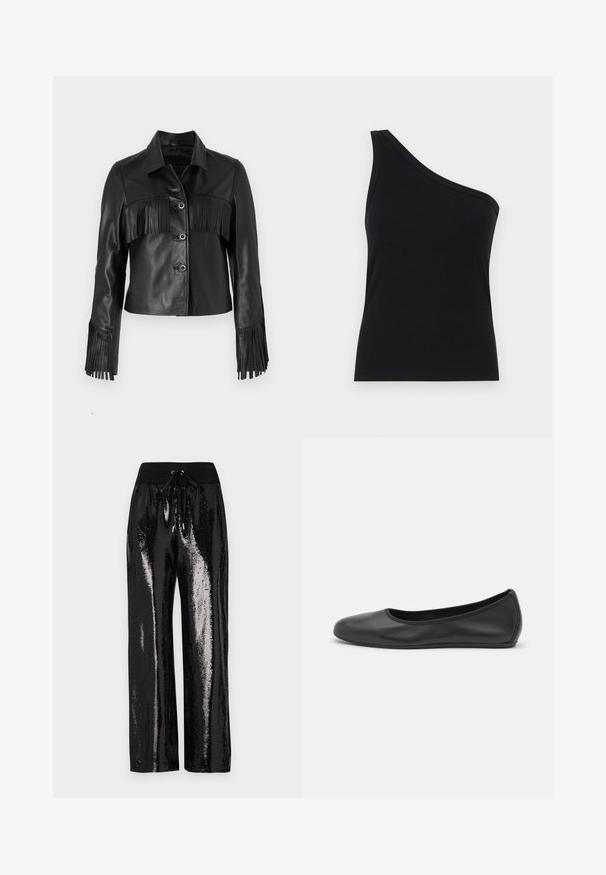 Must must jacket, millelipsi detailedega rinnal ja varrukatel, klassikaline krae ja viie nupuga sulgemine.; Ühe õla must ribakanga tank top, millel on vormikujundus ja pehme tekstuur. Omab puhtat, minimalistlikku lõiget ja sujuvat kaelust.; Mustad sequinsipüksid laia säärte lõikega ja elastse vöökoha, millel on pael. Kanga pind on peegeldav ja läikiv.; Musthave mustika tantsutossud mustast nahast, ümmarguse varbaga, siledast tekstuurist, minimaalse õmblusdetailiga ja paindliku tallakujundusega.