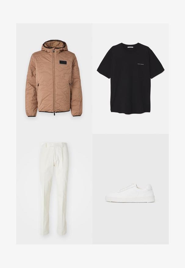Podložena zunanja jakna v svetlo rjavi barvi s prešito zasnovo, kapuco, sprednjim zadrgo in stranskimi žepi; vsebuje črno logotipno nalepko na prsih.; Črna bombažna majica s kratkimi rokavi in okroglim ovratnikom, z belim logotipom natisnjenim na levi prsni strani. Preprost, enobarven dizajn.; Bele hlače iz bombaža, s krojem ravnih nogavic, ravnim sprednjim delom in brez vidnih vzorcev ali kovinskih delov. Gladka tekstura.; Bela teniska z gladkim usnjenim zgornjim delom, okroglim nosom, vezalkami, teksturiranimi stranskimi poudarki in debelim gumijastim podplatom. Minimalističen dizajn.