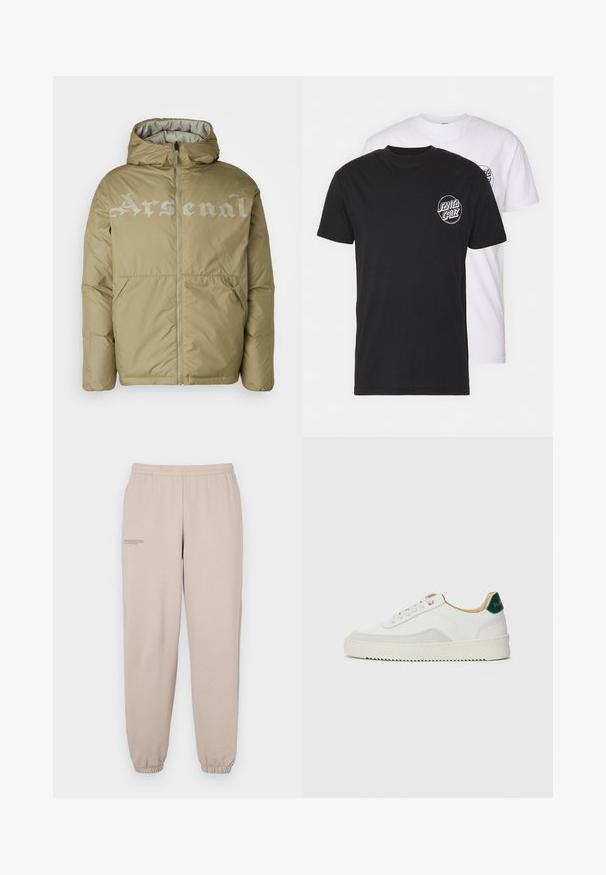 Beige puffjakke med hætte, der har en frontlynt og stor "Arsenal" tekst i lys grå over brystet. To sidelommer.; Pakke med to t-shirts: en sort og en hvid. Begge har korte ærmer og et cirkulært logo på brystet i kontrastfarve. Materialet er bomuld.; Beige sweatpants lavet af blødt stof, med elastisk talje og manchetter, samt en lille trykt tekstdetalje på venstre ben.; Hvide sneakers med ruskindsdetaljer, rund tå, flade snørebånd og en cremet gummisål. Har grøn branding på hælen.
