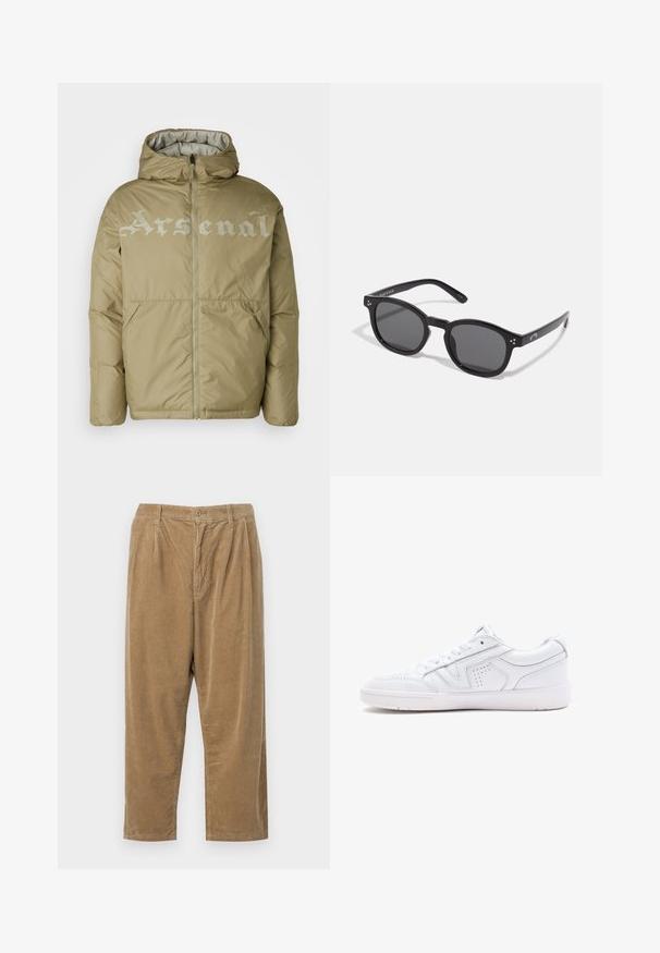 Šviesiai rudas pūkinis švarkas su kapišonu, su priekiniais užtrauktukais ir dideliu šviesiai pilku užrašu "Arsenal" krūtinės srityje. Du šoniniai kišeniai.; Trys paprasti balti medvilniniai marškiniai trumpomis rankovėmis. Kiekvienas marškinys turi apvalų kaklo iškirpimą ir mažą juodą logotipo etiketę kairėje pusėje.; Šviesiai rudos spalvos kordūriniai džinsai su tekstūruotu briaunotu raštu, su mygtukų uždarymu ir laisvu siluetu.; Baltos odinės sportinės bateliai su žemu dizainu, apvaliu toe, perforuotais detalėmis ir kalta apačia. Įtrauktos raišteliai ir subtilūs siuvinėjimo akcentai.; Juodos ovalios saulės akinius su tamsiais lęšiais, storais rėmeliais ir sidabriniais taškų akcentais šonuose. Sklandus plastikinis paviršius, šiuolaikinis dizainas.
