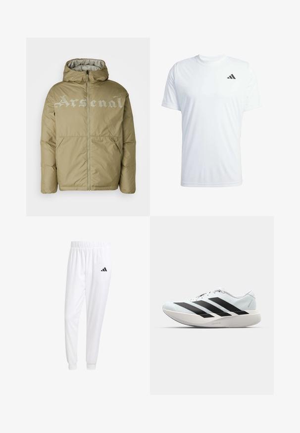 Beige puffjakke med hætte, der har en frontlynt og stor "Arsenal" tekst i lys grå over brystet. To sidelommer.; Hvid kortærmet atletisk t-shirt lavet af letvægtigt stof med et sort Adidas-logo på den øverste venstre bryst.; Hvide sportsbukser lavet af glat stof, med elastisk talje og tætsiddende manchetter, og med et sort logo på baglommen.; Letvægtige løbesko i lys blå med sorte striber. Har en glat overdel, rund tå og tyk hvid mellemsål mærket "LIGHTSTRIKE PRO."