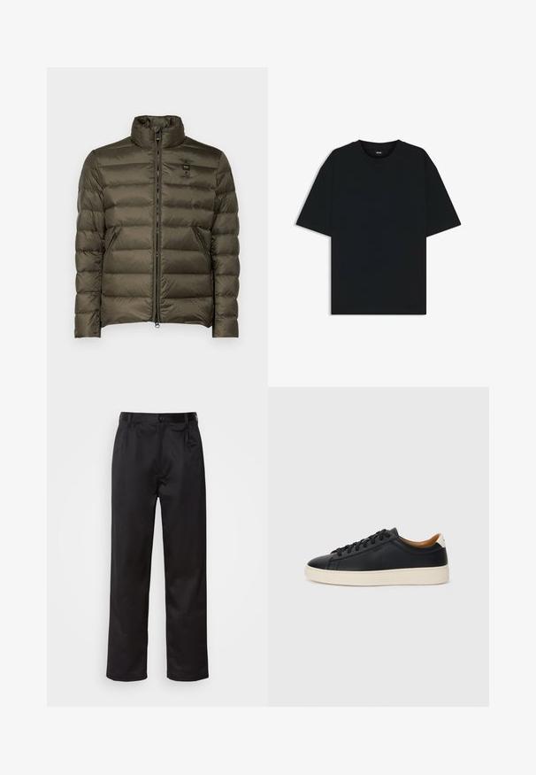 Blauer AUSTIN - Dunjakker - olive; Sort bomuld t-shirt med rund halsudskæring og korte ærmer. Har en løs pasform og et enkelt design uden mønstre eller accenter.; Sorte bukser lavet af glat stof, med frontknaplukning, pressefolder og lige ben. Ingen synlige mønstre eller accenter.; Sorte lædersneakers med en glat overflade, beige gummisål, snørebåndsdesign og en kontrastfarvet hæl.