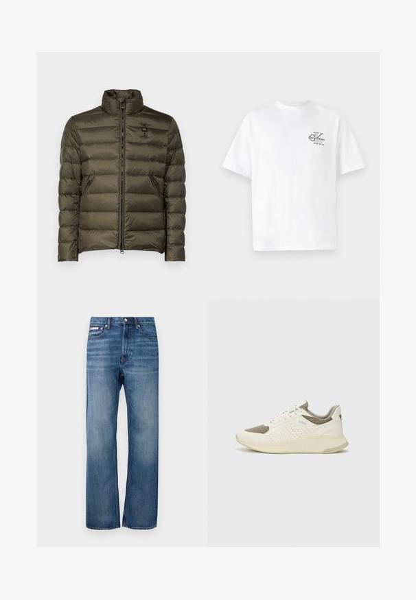Blauer AUSTIN - Down jacket - olive; White cotton t-shirt with short sleeves, crew neck, featuring a black CK logo on the left chest area, standard fit, smooth texture.; Blue straight-leg denim jeans with slight fading, front button closure, and a small logo tag on the right front pocket.; White and light beige athletic sneaker, featuring a mesh upper, perforated detailing, and a textured midsole with branding on the heel.