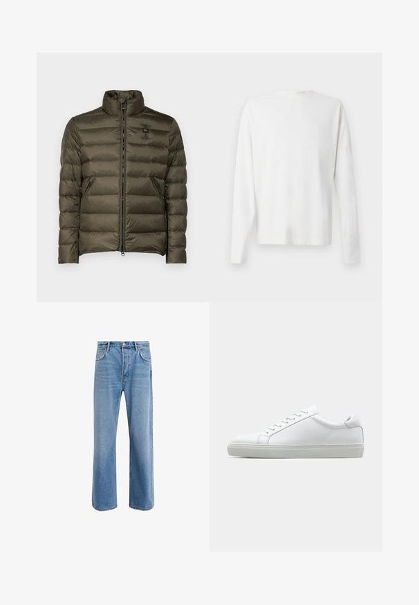 Blauer AUSTIN - Down jacket - olive; Long-sleeved white cotton shirt with a round neckline, side slits at the bottom, and a smooth texture, displayed from the back.; Light blue denim jeans with a straight-leg design, five pockets, button closure, minimal fading, and contrasting stitching details.; White sneaker with a smooth leather upper and a low profile. Features a rounded toe, six eyelets, and a textured rubber sole.
