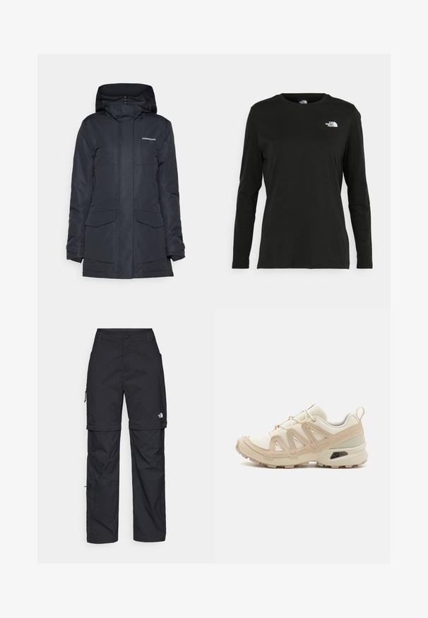 Parka azul marinho impermeável com capuz, fecho frontal, dois grandes bolsos frontais e um logótipo na parte superior esquerda do peito.; T-shirt preto de mangas longas, feito de algodão, com decote redondo. Apresenta um pequeno logótipo branco na área esquerda do peito. Design simples e ajuste confortável.; Calças cargo pretas em nylon com fechos de correr removíveis, punhos ajustáveis, múltiplos bolsos e um logótipo na perna direita. Textura suave e leve.; Sapatilha atlética beige e creme com parte superior em malha texturizada, sobreposições de suporte e sola de borracha com um padrão de cravo para tração.