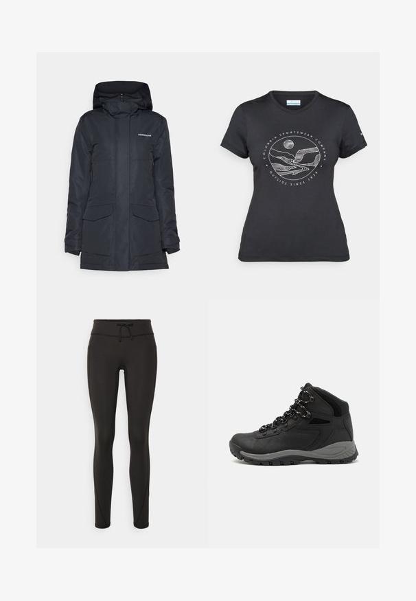 Marineblå vanntett parkajakke med hette, glidelås foran, to store lommer foran og en logo på øvre venstre brystområde.; Svart Columbia t-skjorte med hvit sirkulær fjell- og elvlinjekunst og tekst "Columbia Sportswear Company Outside Since 1938."; Svarte leggings med høy midje, snøring, glatt tekstur og tettsittende design. Har søm detaljer langs sidene.; Sorte turstøvler med mid-topp design, som har en teksturert overdel, grå detaljer og slitesterk gummisåle med godt grep.